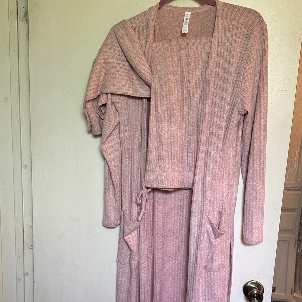 Dusty Rose Ribbed Open Duster with Waist Tie